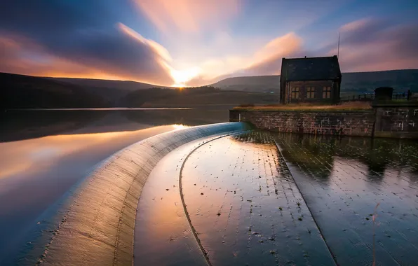 The sky, clouds, sunset, lake, house, dam