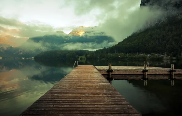 Picture landscape, mountains, bridge, fog, lake