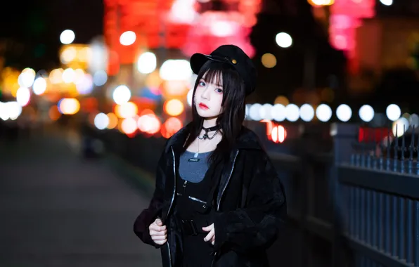 Beautiful, Asian, Model, Lights, Night, Woman, Road, Jacket