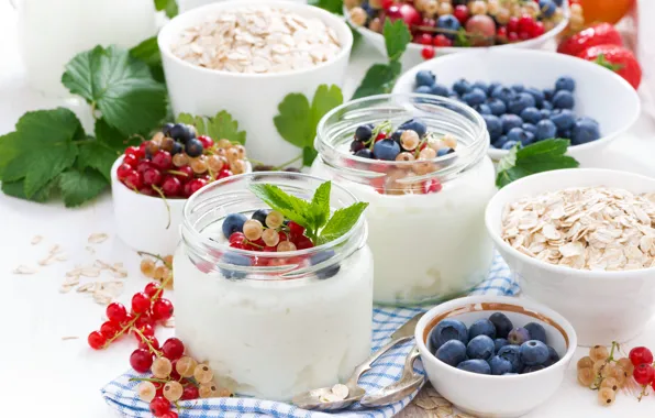 Picture Breakfast, milk, blueberries, strawberry, fruit, currants, fruit, breakfast