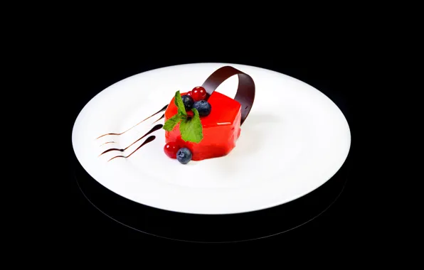 Berries, background, black, chocolate, plate, dessert, jelly, desserts