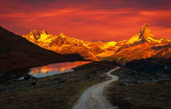 Picture road, the sky, light, sunset, mountains, red, lake, bright