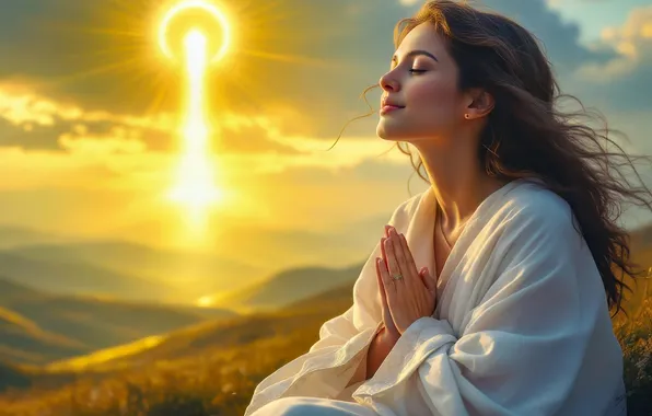 The sky, girl, the sun, clouds, rays, light, mountains, nature