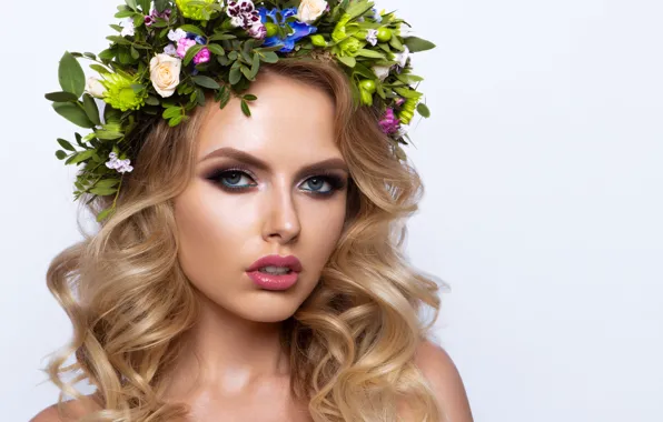 Girl, model, portrait, makeup, wreath, Korabkova