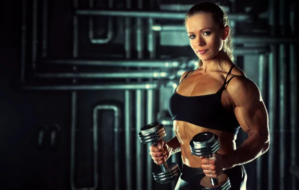 Picture muscles, pose, arms, dumbbells, bodybuilder, Olga Belyakova