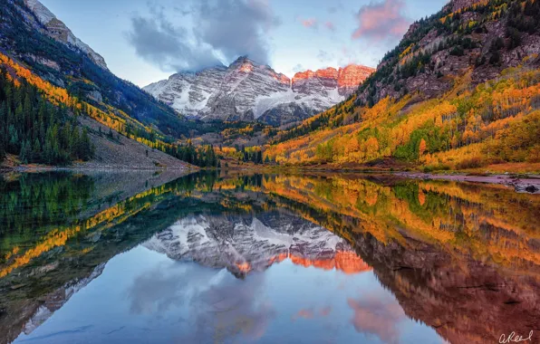 Autumn, reflection, trees, mountains, lake