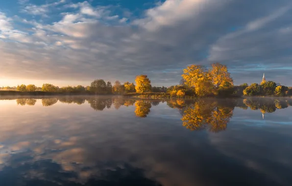 Autumn, clouds, trees, lake, Ruslan Avdevich
