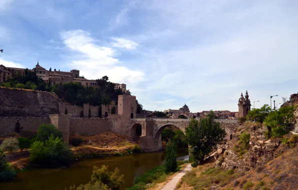 Picture the sky, bridge, river, castle, hills, home, Spain, Toledo