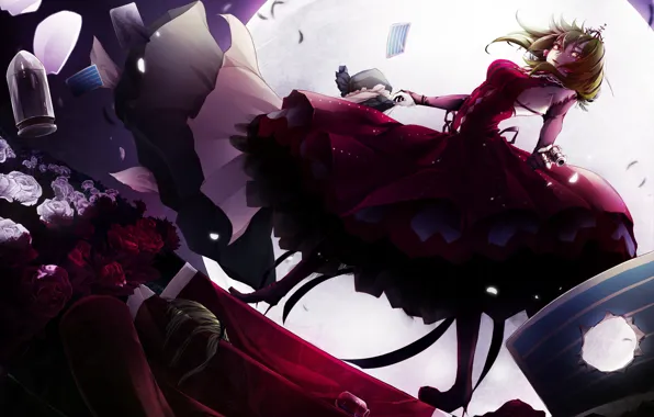 Girl, roses, anime, bullet, art, red dress, Vocaloid, Vocaloid