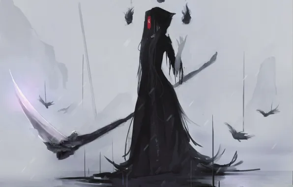 Birds, death, fire, Gothic, art, braid, devushka, by Aoi Ogata