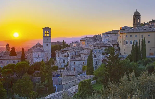 Picture city, cathedral, sky, trees, landscape, Italy, sunset, sun