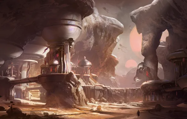 The city, rocks, desert, Concept Art, Halo 5
