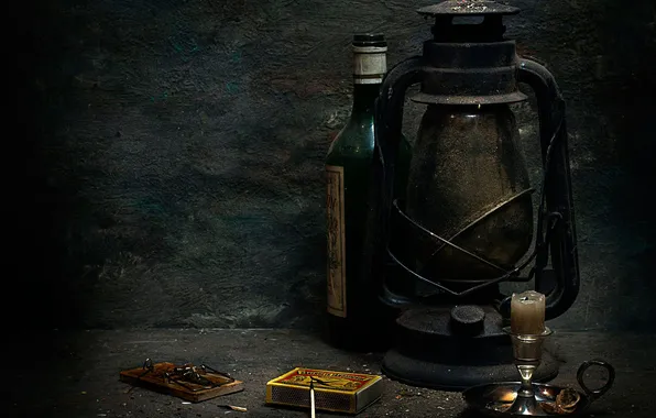 Picture bottle, lamp, candle, matches, mousetrap, Still life