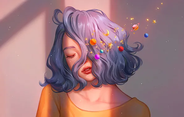 Stars, dreams, planet, beauty, beautiful girl, stars, planets, charm