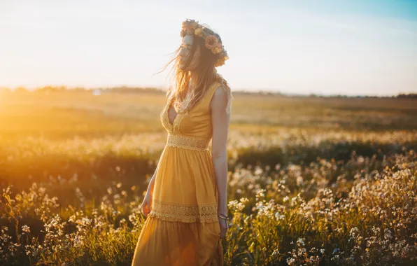 Picture field, girl, dress, wreath