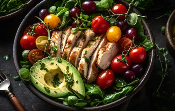 Greens, food, meat, bowl, plug, vegetables, tomatoes, dish