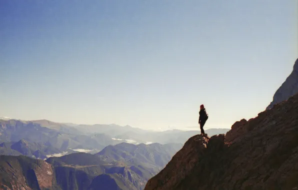 Picture girl, mountains, horizon, vacation, adventure, sunny, trip, cliff