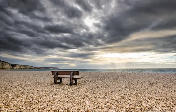 Sea, shore, bench