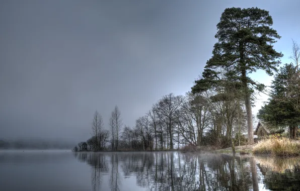 The sky, water, trees, fog, lake, river, house