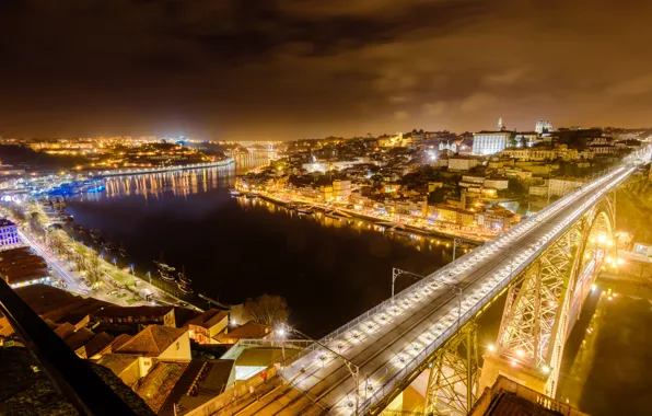 Night, bridge, the city, lights, river, home, lights, panorama