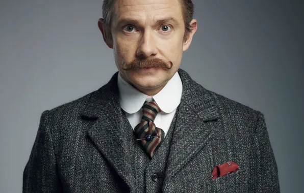Mustache, look, grey background, coat, Martin Freeman, Sherlock, Sherlock BBC, Sherlock Holmes