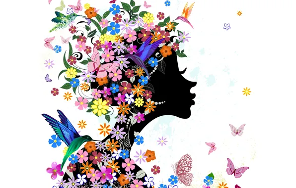 Picture girl, butterfly, flowers, birds, abstraction, girl, flowers, birds