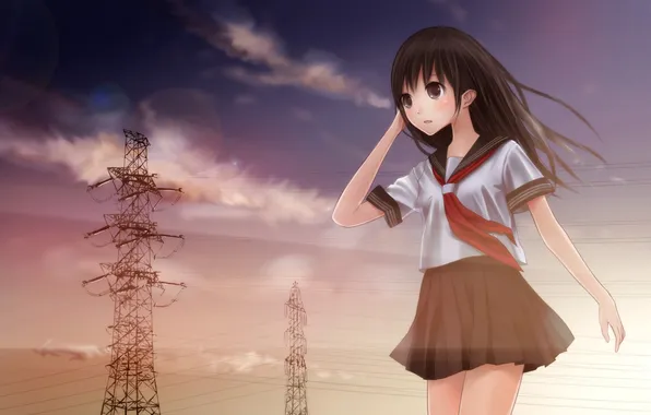 The sky, girl, clouds, sunset, wire, anime, art, form