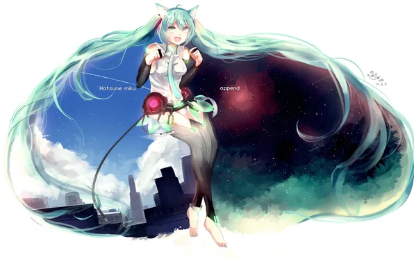 The sky, girl, clouds, night, the city, home, art, vocaloid