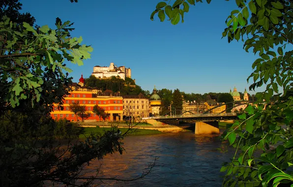 Picture branches, bridge, river, mountain, home, Austria, fortress, Salzburg
