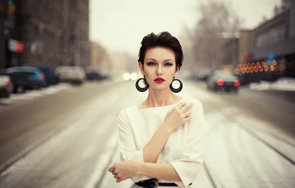 Picture winter, girl, snow, the city, style, bokeh