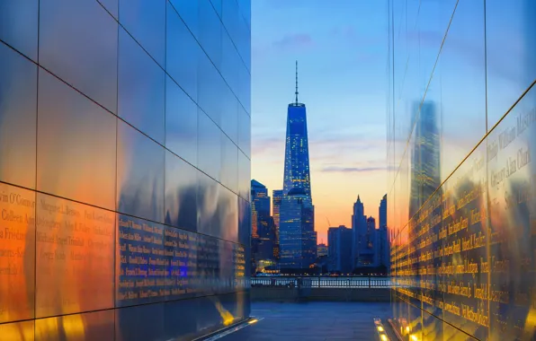 USA, New Jersey, Jersey City, Empty Sky Memorial, view of manhattan
