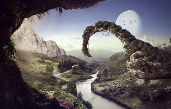 Tower, mountains, birds, planets, eternity