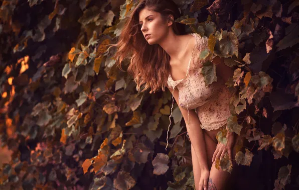 Autumn, leaves, girl, pose, blouse, Finus, Robert Wypiór