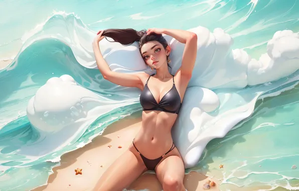 Picture girl, beach, sea, swimsuit, bikini, ai art
