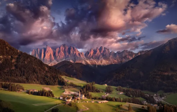 Clouds, mountains, valley, Alps, Italy, the village