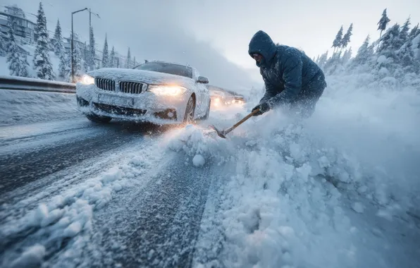 Winter, road, machine, forest, light, snow, pose, movement