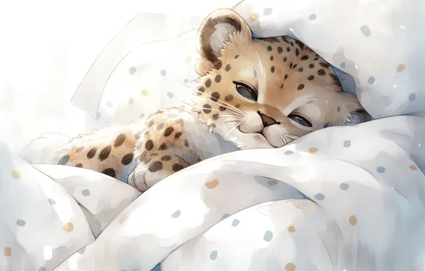 Comfort, kitty, bed, sleep, watercolor, leopard, sleeping, bed
