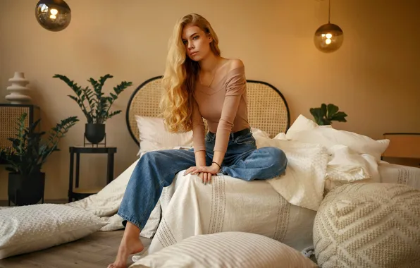 Girl, pose, bed, jeans, pillow, blonde, long hair, Ivan Kovalev