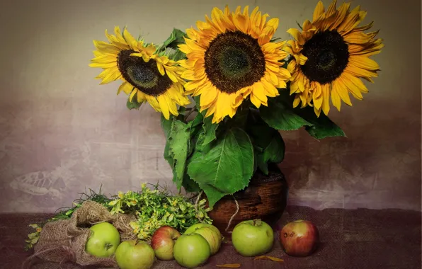 Picture sunflowers, apples, bouquet, texture, still life