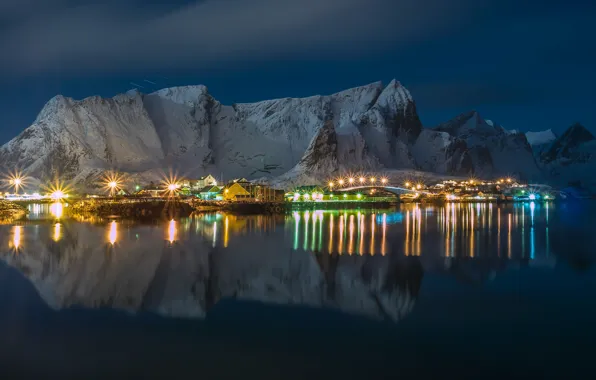 Winter, the sky, water, snow, mountains, night, lights, reflection