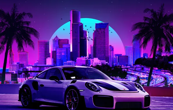 Picture Porsche, Cars, GT2, Neon, Retro, Cityscape, Cyberpunk, Vaporwave