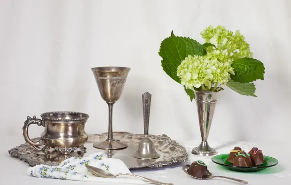 Candy, dishes, bell, hydrangea