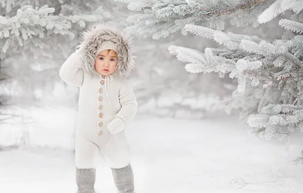 Picture winter, snow, branches, boy, ate, hood, jumpsuit, child