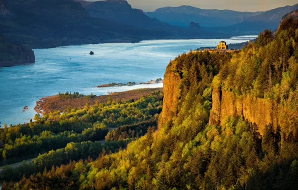 Landscape, sunset, mountains, nature, house, river, Oregon, USA