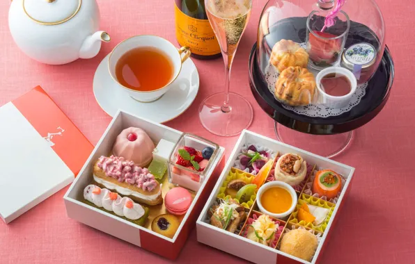 Tea, strawberry, champagne, cake, cream, dessert, cakes, sweet