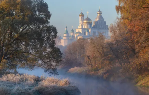 Picture autumn, landscape, fog, river, freezing, Istra, Alexander Strelchuk, New Jerusalem Monastery