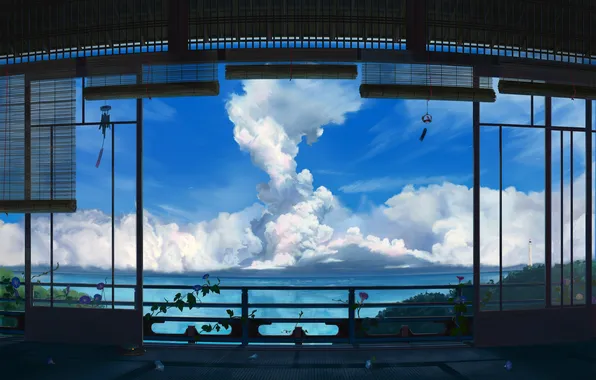 Picture sea, the sky, clouds, house, plant, anime, art, akibakeisena