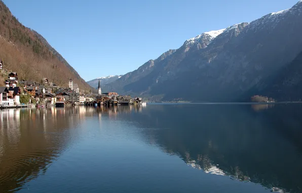 The sky, water, mountains, lake, reflection, town, Austria, austria