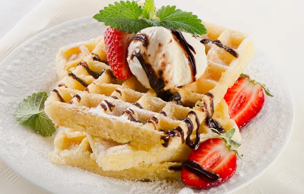 Picture strawberry, ice cream, dessert, waffles, mint leaves