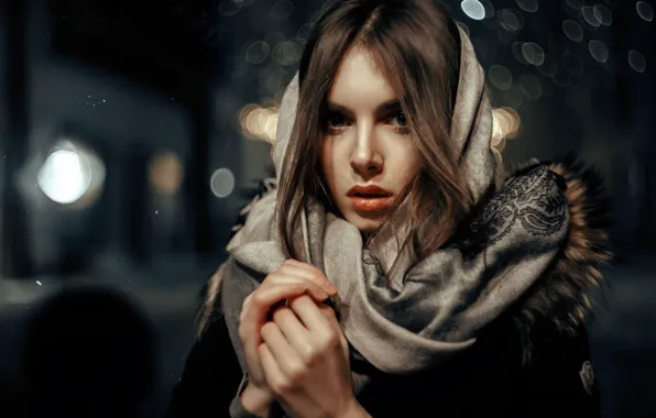 Picture look, girl, shawl, cold, bokeh